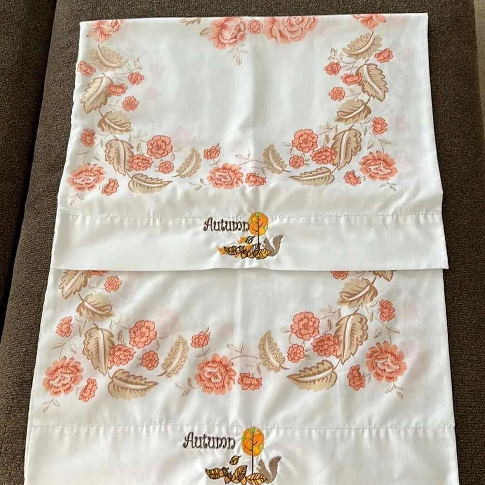 Set 2 Custom Autumn Embroidered White with Red/Brown Floral Accent Pillowcases